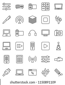 thin line vector icon set - pen vector, notebook pc, antenna, headphones, play button, stop, forward, hdmi, big data, browser, equalizer, lan connector, route arrow, wireless, calculator, tap pay