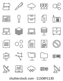 thin line vector icon set - pen vector, notebook pc, document, archive, personal information, laptop graph, prohibition sign, signpost, attention, network, server, folder, cloud, exchange, big data