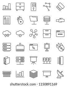 thin line vector icon set - presentation vector, archive, personal information, graph, binder, board, music hit, social media, network, server, folder, cloud exchange, big data, browser, hub, upload