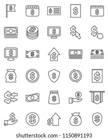 thin line vector icon set - exchange vector, dollar coin, cash, money bag, investment, growth, receipt, flag, shield, calendar, monitor, cursor