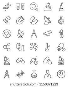 thin line vector icon set - thermometer vector, drawing compass, telescope, microscope, magnet, flask, pills, molecule, oxygen, satellite, antenna, vial, dna, drop counter, ovule