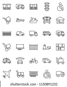 thin line vector icon set - school bus vector, bike, Railway carriage, plane, traffic light, ship, truck trailer, sea container, delivery, car, port, consolidated cargo, warehouse, disabled, garage
