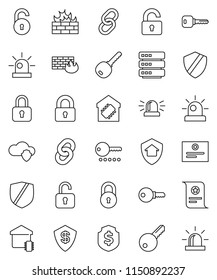 thin line vector icon set - certificate vector, dollar shield, protected, link, cloud, big data, firewall, chain, lock, unlock, key, siren, smart home, protect, password