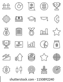 thin line vector icon set - graduate hat vector, clipboard, award cup, certificate, graph, pie, japanese candle, money bag, dollar growth, bank building, target, medal, cent sign, stairways run, top