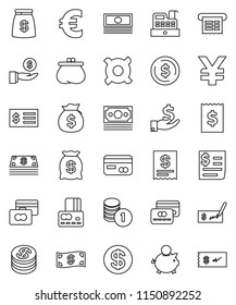 thin line vector icon set - dollar coin vector, credit card, cash, money bag, piggy bank, investment, stack, check, receipt, any currency, euro sign, yen, wallet, cashbox