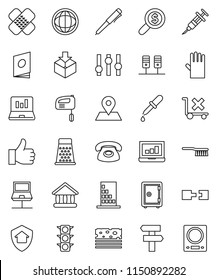 thin line vector icon set - fetlock vector, rubber glove, grater, pen, world, university, laptop graph, money search, safe, breads, map pin, traffic light, no trolley, package, settings, finger up
