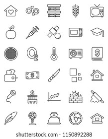 thin line vector icon set - kettle vector, knife, rolling pin, microwave oven, sieve, graduate hat, pen, apple fruit, exam, graph, annual report, bank building, cereals, oxygen, earth, satellite, tv