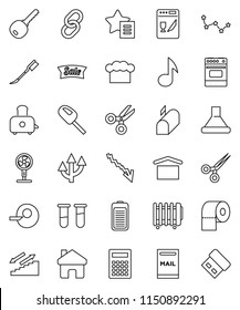 thin line vector icon set - car fetlock vector, toilet paper, cook hat, toaster, oven, calculator, scissors, music, constellation, crisis, stairways run, dry cargo, link, battery, vial, insemination