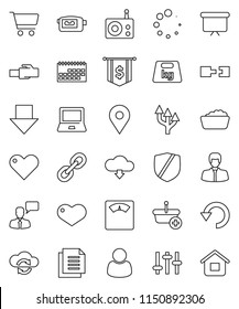 thin line vector icon set - foam basin vector, notebook pc, cart, manager, arrow down, presentation board, dollar flag, scales, map pin, calendar, document, protected, weight, radio, settings, link