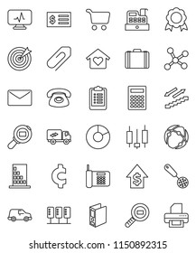 thin line vector icon set - skimmer vector, calculator, medal, pie graph, cart, japanese candle, case, dollar growth, receipt, binder, cent sign, clipboard, stairways run, car, cargo search, network