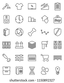 thin line vector icon set - garbage pile vector, ladle, archive, constellation, auction, clock, binder, sand, calendar, clipboard, t shirt, stairways run, bone, top sign, sorting, protected, barcode