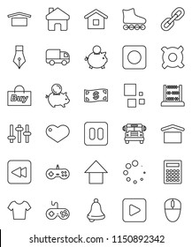 thin line vector icon set - pen vector, bell, calculator, school bus, abacus, piggy bank, arrow up, any currency, t shirt, roller Skates, dry cargo, gamepad, settings, heart, play button, pause, rec