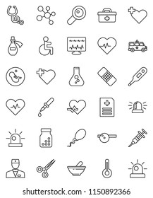 thin line vector icon set - flask vector, heart pulse, molecule, cross, doctor bag, disabled, thermometer, magnifier, pregnancy, syringe, dropper, scissors, patch, stethoscope, pills bottle, mortar