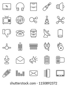 thin line vector icon set - satellite antenna vector, music hit, speaker, equalizer, video camera, microphone, remote control, internet, headphones, notebook pc, classic phone, social media, battery