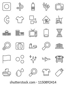 thin line vector icon set - cleaner trolley vector, shining, school building, bus, flag, magnifier, percent growth, sand clock, cent sign, scales, t shirt, water bottle, route, plane, ship, tv, usb