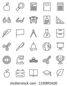thin line vector icon set - book vector, copybook, graduate hat, pen, school building, corner ruler, drawing compass, glasses, backpack, apple fruit, bell, table lamp, calculator, award cup, bus