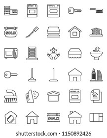 thin line vector icon set - fetlock vector, mop, sponge, car, steaming, house hold, sink, microwave oven, school building, dry cargo, home, key, estate document, sold signboard, office, smart