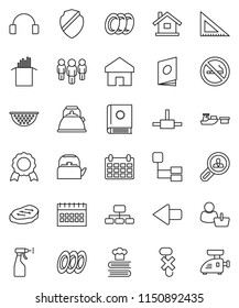 thin line vector icon set - sprayer vector, plates, kettle, colander, cookbook, pasta, steak, corner ruler, medal, man, hierarchy, calendar, no smoking, port, hook, headphones, connect, shield, home