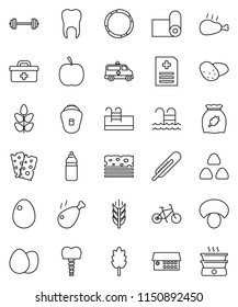 thin line vector icon set - cereal vector, egg, mushroom, potato, chicken leg, diet, barbell, bike, water bottle, fitness mat, cereals, breads, pool, hoop, doctor bag, thermometer, anamnesis, tooth