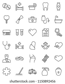 thin line vector icon set - rake vector, liquid soap, house hold, buttocks, heart monitor, doctor bag, ambulance star, pulse, vial, crutches, broken bone, stethoscope, pills, anamnesis, hospital bed