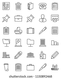 thin line vector icon set - trash bin vector, pencil, student, case, pen, clipboard, paper pin, manager, binder, phone, receipt, sorting, thumbtack, diagnostic monitor, medical room, network folder