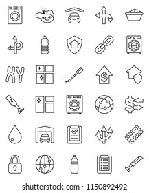 thin line vector icon set - water drop vector, car fetlock, window cleaning, washer, foam basin, shining, blender, exchange, dollar growth, bottle, route, internet, pills blister, chromosomes, chain