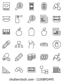 thin line vector icon set - sprayer vector, cookbook, plates, jar, pasta, pencil, corner ruler, apple fruit, coin stack, money search, buttocks, pills, stadium, Railway carriage, satellite, stop