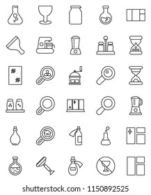 thin line vector icon set - scraper vector, window cleaning, shining, oil, hand mill, spices, jar, flask, no alcohol sign, glass, magnifier, sand clock, potion, search estate, client, coffee maker