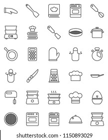 thin line vector icon set - pan vector, cook hat, apron, glove, timer, whisk, spatula, knife, grater, oven, double boiler, cookbook, sieve, dish, mixer