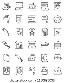 thin line vector icon set - washer vector, washing powder, mixer, double boiler, blender, tomography, gear, construction crane, card reader, dishwasher, coffee maker, meat grinder, sewing machine