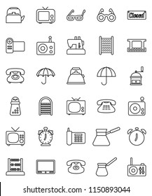 thin line vector icon set - washboard vector, kettle, hand mill, turk coffee, glasses, alarm clock, abacus, phone, umbrella, film frame, radio, tv, classic, closed, video camera, sewing machine