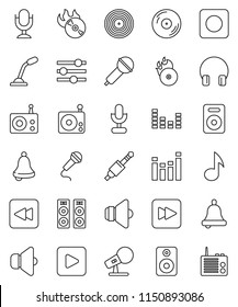 thin line vector icon set - bell vector, music, disk, hit, microphone, radio, speaker, equalizer, headphones, play button, forward, backward, rec, jack