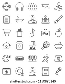 thin line vector icon set - bath vector, spices, pasta, copybook, graduate hat, pen, apple fruit, clipboard, music, cart, credit card, dollar calendar, no smoking, oxygen, run, client, weight, buy