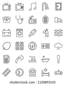thin line vector icon set - steaming vector, bath, washer, shower, sink, backpack, music, leaf, receipt, safe, pool, stadium, attention, clock, sorting, tv, internet, classic phone, hdmi, potion