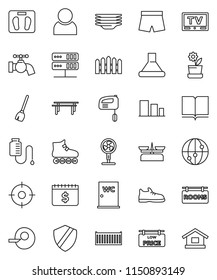 thin line vector icon set - broom vector, water tap, plates, closet, book, dollar calendar, scales, horizontal bar, snickers, shorts, roller Skates, sea container, sorting, tv, internet, shield, fan