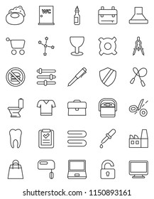 thin line vector icon set - soap vector, towel, toilet, water closet, oil, drawing compass, backpack, pen, constellation, case, any currency, jump rope, t shirt, no fastfood, glass, notebook pc