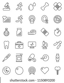 thin line vector icon set - microscope vector, measuring, stopwatch, hand trainer, fitball, target, pills, sports nutrition, heart monitor, bone, oxygen, run, doctor bag, thermometer, flask, patch