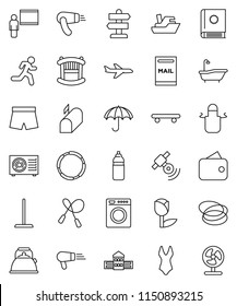 thin line vector icon set - mop vector, bath, kettle, apron, school building, blackboard, jump rope, shorts, swimsuite, skateboard, water bottle, hoop, run, signpost, plane, ship, umbrella, tulip