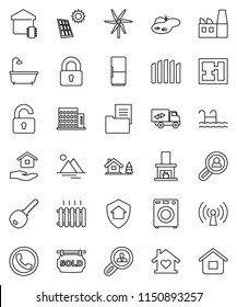 thin line vector icon set - house hold vector, chalet, pond, pool, solar panel, windmill, mountain, fence, plan, estate document, sold signboard, apartments, client search, key, lock, unlock, bath