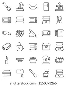thin line vector icon set - sponge vector, plates, water tap, pan, colander, measuring cup, cook glove, spatula, ladle, rolling pin, hand mill, toaster, microwave oven, double boiler, spices, oil