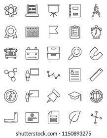thin line vector icon set - copybook vector, graduate hat, blackboard, corner ruler, drawing compass, backpack, atom, alarm clock, schedule, clipboard, paper pin, medal, certificate, magnet, abacus