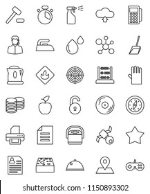 thin line vector icon set - scoop vector, sponge, iron, sprayer, rubber glove, cook timer, dish, apple fruit, compass, abacus, document, molecule, coin stack, personal information, target, map pin