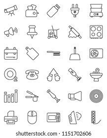 thin line vector icon set - cleaner trolley vector, fetlock, scoop, steaming, sink, cook press, rolling pin, cutting board, oven, double boiler, blender, backpack, telescope, boxing glove, oxygen