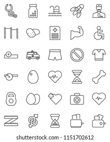 thin line vector icon set - toaster vector, egg, potato, measuring, heart pulse, weight, horizontal bar, muscule hand, shorts, t shirt, shuttlecock, pool, prohibition sign, cross, first aid kit
