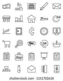 thin line vector icon set - pen vector, schedule, clipboard, presentation, graph, cash, clock, tie, safe, hierarchy, monitor dollar, cent sign, office, phone 24, port, cargo search, mail, hub, home