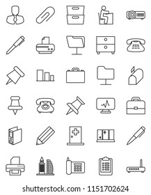 thin line vector icon set - shining window vector, pencil, student, case, pen, paper pin, archive, manager, binder, clipboard, phone, sorting, classic, thumbtack, diagnostic monitor, medical room