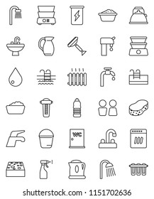 thin line vector icon set - scraper vector, water tap, bucket, sponge, drop, foam basin, sprayer, shower, closet, sink, kettle, double boiler, jug, enegry drink, bottle, pool, supply, bath, heating