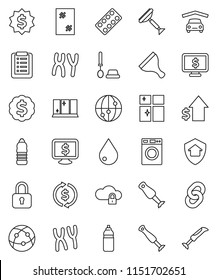 thin line vector icon set - scraper vector, water drop, window cleaning, toilet brush, washer, shining, blender, exchange, dollar growth, medal, monitor, bottle, internet, pills blister, chromosomes
