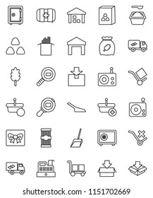 thin line vector icon set - scoop vector, washing powder, cereal, pasta, safe, first aid kit, cargo, no trolley, warehouse, package, search, radio, relocation truck, gift, cashbox, basket