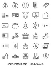 thin line vector icon set - school building vector, bank, gold ingot, credit card, percent growth, money bag, investment, check, receipt, dollar medal, shield, safe, monitor, yen sign, coin, wallet